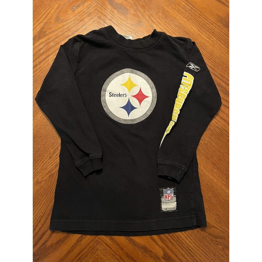 vintage reebok pittsburg steelers youth size 5 8 black long sleeve crew neck